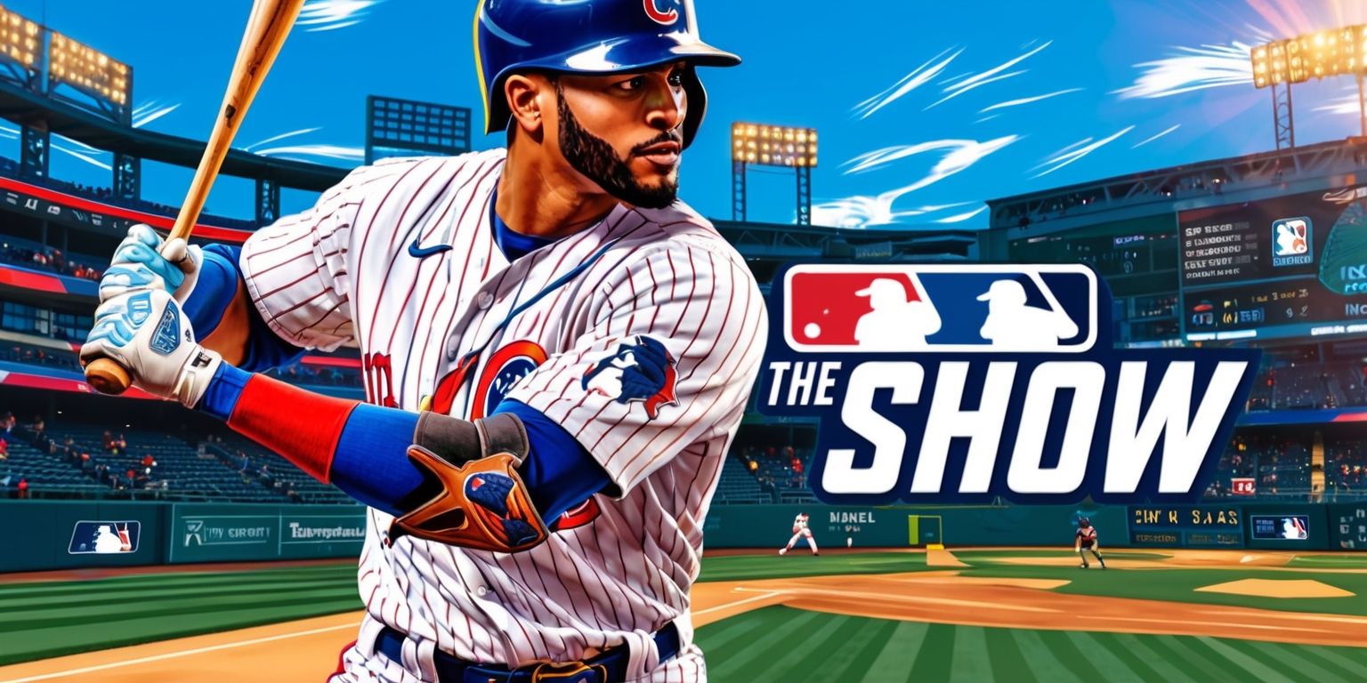 A detailed illustration of the MLB The Show video game in a vibrant, colorful style, set against a baseball stadium backdrop with a sunny sky, featuring a close-up of a baseball player in mid-swing, with intricate details on the player's jersey, glove, and bat, and a glimpse of the game's user interface in the background, including buttons, menus, and player stats, with a mix of realistic and stylized graphics, and a bold, modern font displaying the game's title, MLB The Show, in a prominent, eye-catching manner, with the player's facial features and skin tone visible, and a dynamic, energetic atmosphere that captures the excitement of the game.