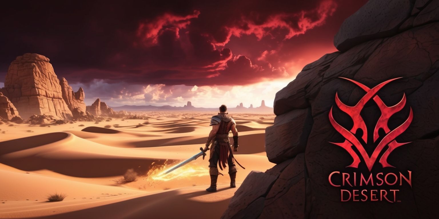 A vast desert landscape under a deep crimson sky with hints of golden sunlight peeking through the clouds, set in the world of Crimson Desert, with intricate rock formations and sand dunes stretching as far as the eye can see, and in the distance, a figure of a warrior with rugged facial features, worn leather armor, and a sword at their side, standing atop a dune with their back to the viewer, gazing out at the endless expanse of desert, with a subtle glow of magical energy emanating from their sword, and the game's logo, a stylized crimson emblem with bold, curved lines and a hint of ancient mysticism, etched into the rock face in the foreground.