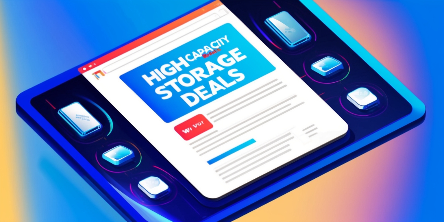 A colorful digital illustration of a computer screen displaying a webpage with a headline that reads High-Capacity Storage Deals in bold, modern font, with a bright blue background and crisp white text, surrounded by eye-catching graphics and icons representing storage devices, such as hard drives and solid-state drives, in a sleek and futuristic style, with a layout that is clean and easy to navigate, and a few lines of sample text in a clear, easy-to-read font, with a red button or link that says Shop Now or Learn More, and a subtle gradient effect that gives the image a sense of depth and visual interest.