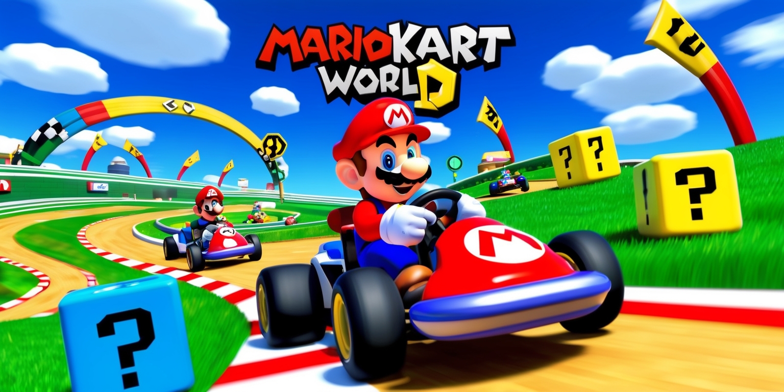 A vibrant and action-packed illustration of Mario Kart World, featuring Mario and Luigi racing their iconic karts on a winding track surrounded by lush green grass and brightly colored flags, with the iconic Mario question mark blocks and coin symbols scattered throughout, set against a clear blue sky with fluffy white clouds, rendered in a stylized and detailed 3D graphic style reminiscent of the popular video game series, with bold outlines and textures, and a dynamic composition that captures the thrill and excitement of the racing game.