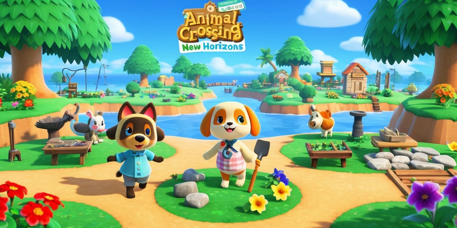 A vibrant and colorful digital illustration of the Animal Crossing: New Horizons game, featuring a serene island landscape with lush green trees, brightly bloomed flowers, and a clear blue sky, with a few adorable characters from the game roaming around, including Tom Nook, a tanuki with a big smile, and Isabelle, a shovel-wielding dog with a cheerful expression, surrounded by various game elements such as fishing rods, gardening tools, and furniture items, with a mix of natural and man-made structures like wooden bridges, stone pathways, and cozy little homes, all blending together to create a warm and inviting atmosphere that showcases the game's unique charm and aesthetic.