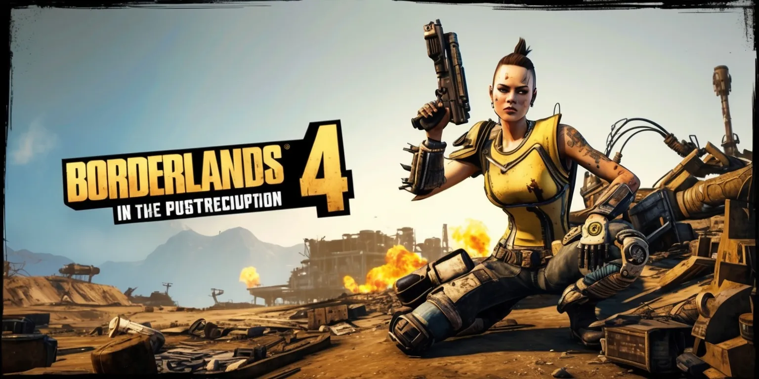 A vibrant and dystopian gaming landscape inspired by Borderlands 4, set in a post-apocalyptic world with rugged terrain, featuring a gritty and worn-down aesthetic, with a palette of muted earth tones, blues, and yellows, the scene showcases a character with a determined look, sharp facial features, and weathered skin, clad in a mix of scavenged and high-tech armor, posing heroically with a futuristic gun, surrounded by debris, old machinery, and distant explosions, with a subtle gradient effect in the background, and the Borderlands 4 logo prominently displayed in a stylized, metallic font with a distressed finish, in a wide-screen layout with ample negative space, capturing the essence of the game's intense action and dark humor.