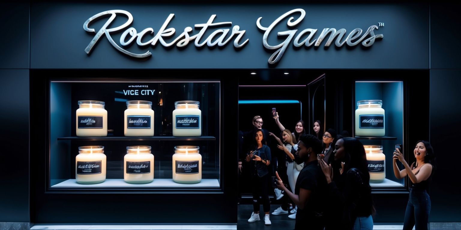 A visually striking image of a dimly lit, avant-garde storefront showcasing Rockstar Games merchandise, with elegant, cursive text reading Rockstar Games in metallic silver lettering above the store entrance, and a prominent display window featuring artisanal candles in apothecary jars with soft, warm glow, each candle bearing a unique, stylized label with the name of an iconic setting from the game universe, such as Vice City, in a bold, futuristic font, surrounded by a curated selection of other lifestyle products, including apparel and accessories, all infused with subtle, sophisticated scents that evoke the immersive world of Rockstar Games, with a dark, gradient background that fades into a deep, mysterious blue, and a few enthusiastic fans, with diverse facial features and skin tones, eagerly gathered outside the store, admiring the products and taking photos with their smartphones.