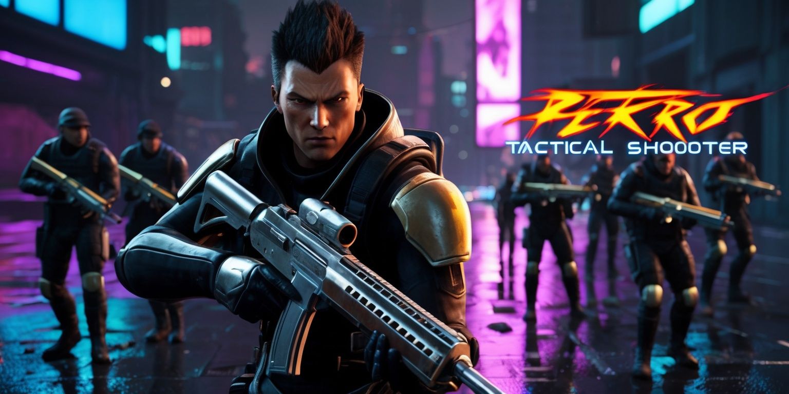 A retro-inspired tactical shooter game set in a dystopian futuristic cityscape with neon lights reflecting off wet pavement, featuring a gritty protagonist with a determined expression, sharp jawline, and short, spiky hair, wearing a sleek black and metallic exosuit with a gold visor, holding a high-tech assault rifle with a sleek, metallic finish, surrounded by a team of similarly equipped operatives, with a bold, sans-serif font displaying the game's title in bright, fiery red letters, and a dark, ominous color scheme with accents of electric blue and purple, with a shallow depth of field to emphasize the protagonist, and a cinematic composition with a low-angle shot to convey a sense of power and intensity.