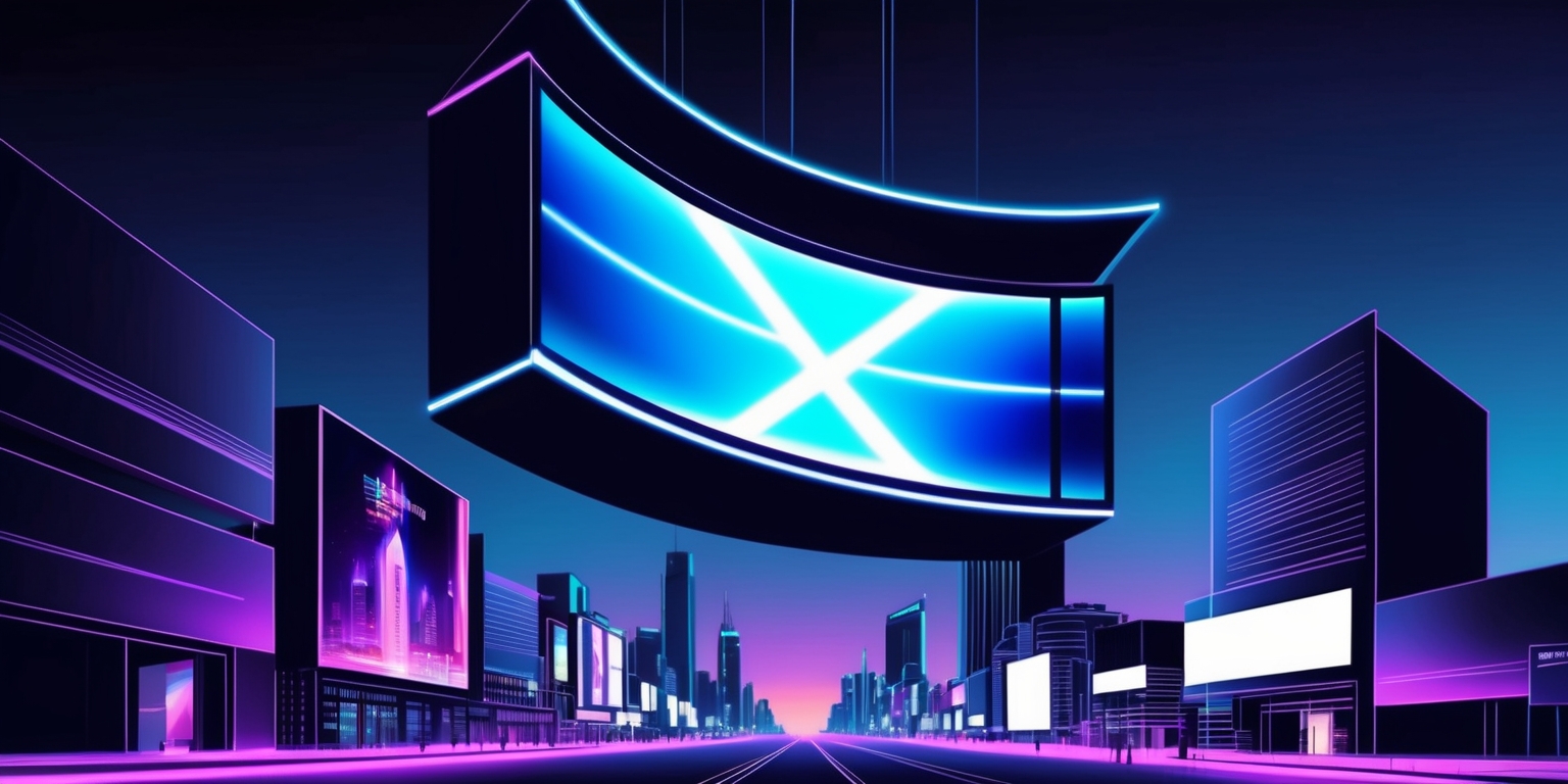 A futuristic and sleek illustration of a cityscape at dusk, with a massive, curved Cross TV screen suspended in the air, towering over skyscrapers, its screen glowing with a vibrant, electric blue light that illuminates the surrounding buildings and streets, while minimalist, modernist architecture and neon lights of advertisements and billboards reflect off its surface, casting a mesmerizing glow, with a subtle gradient effect to convey depth and dimension, set against a dark blue to purple ombre background that echoes the TV's glow, with bold, clean lines and geometric shapes dominating the composition, evoking a sense of cutting-edge technology and urban sophistication.