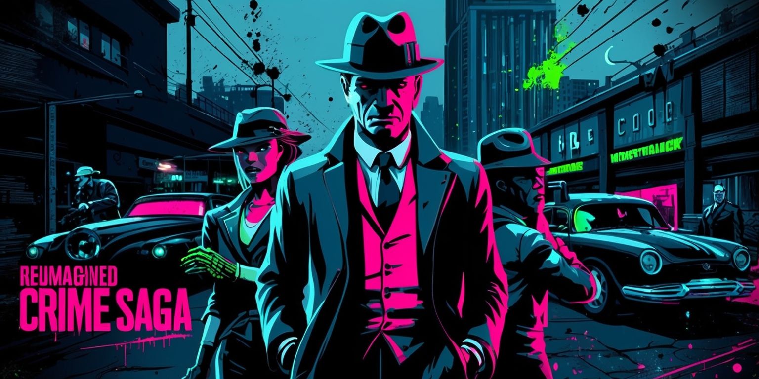 A gritty and intense visual representation of a reimagined crime saga game, set in a dark and moody cityscape with a mix of modern and vintage elements, featuring a bold color palette with deep blues and greys, and accents of neon pink and green, with a focus on dramatic lighting and atmospheric effects, incorporating stylized characters with unique facial features, diverse skin tones, and distinctive attire, including sharp suits, leather jackets, and fedoras, with a blend of realistic and stylized textures, and intricate details on buildings, vehicles, and props, set against a cinematic composition with a shallow depth of field, and a sense of dynamic movement and energy, with bold typography and graphic elements that reflect the game's title and branding.