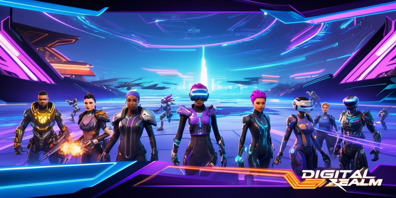 A futuristic digital realm game scene with vibrant neon colors, sleek lines, and abstract shapes, set in a vast, open world with glowing blue and purple hues, featuring a diverse range of characters with unique facial features, various skin colors, and distinctive attributes, such as futuristic armor, goggles, and virtual reality headsets, with a dynamic layout and framing that showcases thegame's fast-paced action and immersive gameplay, and includes stylized text and logos with bold, metallic fonts, and sharp, geometric shapes, all blending together to create a captivating and otherworldly atmosphere that draws the viewer into the digital realm.