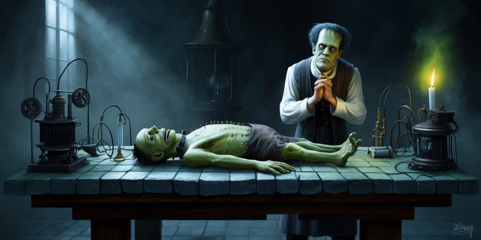 A hauntingly atmospheric illustration depicting a scene from Mary Shelley's classic novel, Frankenstein, set in a dark, misty, and eerie laboratory, with a large, stone-tiled table at its center, where the monster, a grotesque yet pitiful creature with bolts on its neck, lies motionless, surrounded by various scientific instruments and electrical machinery, while the anguished and exhausted Doctor Frankenstein, with a worn, pale face, sunken eyes, and unruly hair, stands over the monster, his hands clasped together in despair, with a faint, flickering candlelight casting long, ominous shadows on the walls behind him, and a subtle, eerie green glow emanating from the machinery, evoking a sense of foreboding and tragedy.