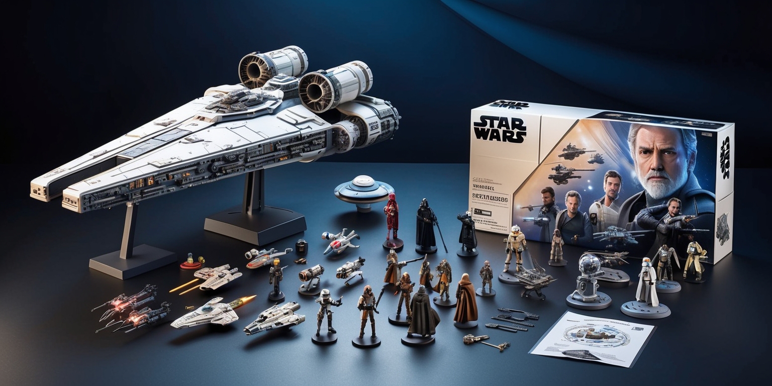 A highly detailed Star Wars collectible model kit, featuring intricately designed miniature figurines and vehicles, set against a dark blue background with subtle gradient effects, the kit's components are meticulously arranged to showcase the various characters and spacecraft from the Star Wars universe, with a mix of warm and cool colors, the model kit's packaging and instructions are neatly placed in the corner, with the Star Wars logo prominently displayed in a bold, silver font, and the overall scene is illuminated by a soft, white light, highlighting the textures and finishes of the model kit's individual parts.