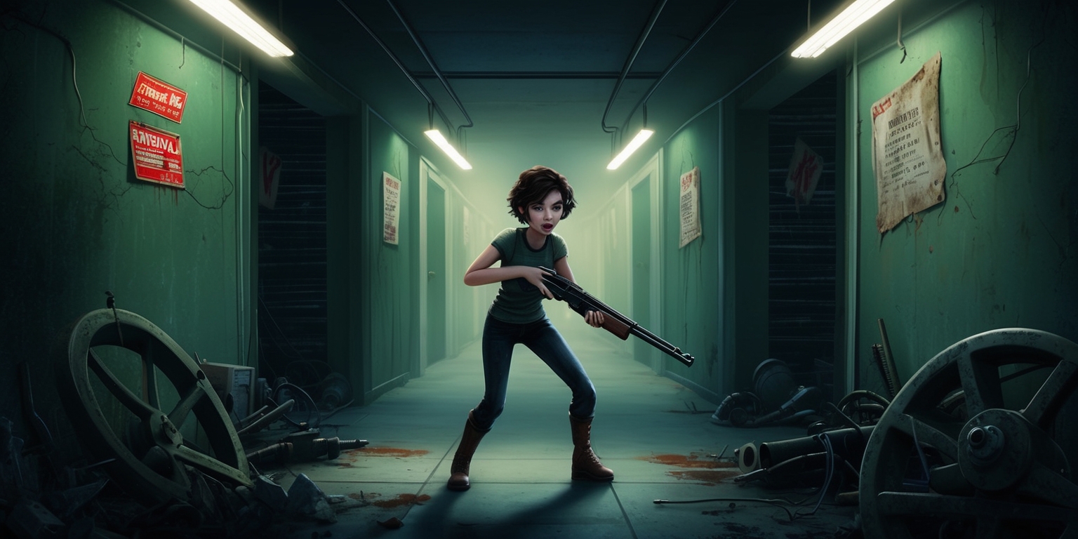 A hauntingly atmospheric illustration of a vintage survival horror game, reminiscent of cult classics, revitalized with modern graphics and vibrant colors. The scene depicts a dimly lit, eerie corridor with flickering fluorescent lights casting an ominous glow, while eerie sounds and whispers seem to emanate from the shadows. In the center, a protagonist, a determined young woman with short, curly brown hair, pale skin, and scared expression, stands frozen in terror, grasping a worn-out shotgun, her eyes fixed on something terrifying lurking in the darkness. The walls are splattered with old, worn-out warning signs, and broken machinery lies scattered around, hinting at the catastrophe that unfolded. The overall aesthetic is a blend of nostalgic low-poly graphics and modern, cinematic lighting, with a muted color palette of dark greens, blues, and grays, evoking a sense of foreboding and dread.