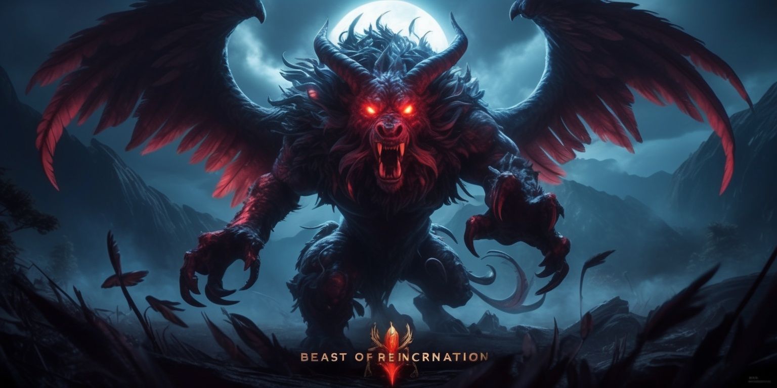 A dark fantasy scene featuring the Beast of Reincarnation from the game, set against a backdrop of eerie mist-shrouded mountains, with the beast's glowing eyes illuminating the darkness, its massive wings spread wide, and its body a mesmerizing blend of mythical creatures, in a digital art style with vibrant yet ominous colors, and intricate details on the beast's scales, fur, and feathers, with a sense of dynamic movement and energy emanating from the scene, and the beast's face contorted in a fierce roar, showcasing its sharp teeth and glowing red eyes, with the game's logo subtly integrated into the design, in a cinematic composition with a shallow depth of field, drawing the viewer's attention to the beast's majestic and intimidating presence.