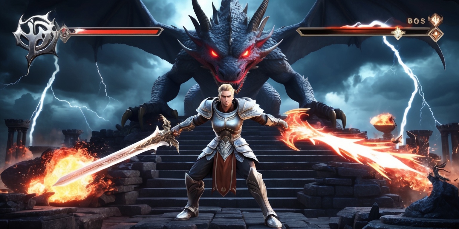 A dark fantasy video game boss battle scene set in a mystical arena with a colossal dragon-like creature as the boss, standing atop a pile of ancient ruins, with its glowing red eyes fixed on the player character, a brave warrior with a determined expression, sharp facial features, and a strong jawline, wearing a suit of shiny silver armor, holding a powerful sword with intricate designs, amidst a backdrop of ominous dark clouds, flashes of lightning, and a vibrant display of magical abilities, with the game's logo, a stylized bold font with metallic silver color, emblazoned on the top left corner of the screen, and the boss's health bar, a glowing red line with a futuristic font, displayed at the top of the screen, as the battle rages on with intense explosions, fireballs, and magical spells.