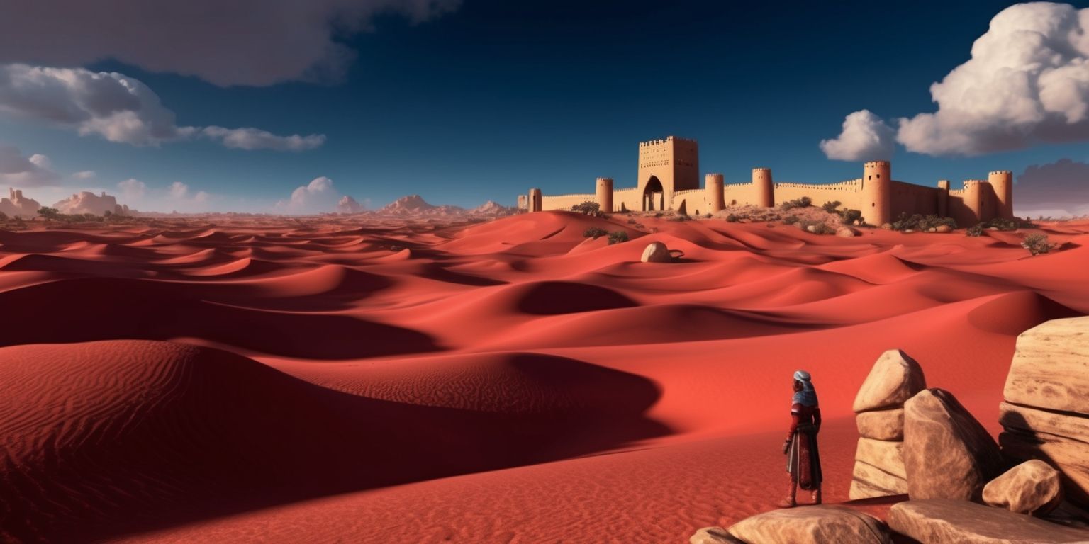 A vast, arid landscape of crimson-hued sand dunes stretches towards the horizon, with rocky outcroppings and twisted stone formations jutting out from the ground, set against a deep blue sky with a few puffy white clouds, in the style of the Crimson Desert game, with intricate textures and detailed character models, incorporating a mix of Middle Eastern and North African architectural influences, and featuring a prominent, intricately designed fortress or settlement in the distance, with characters dressed in ornate, culturally-inspired clothing, and a sense of adventure and exploration, with warm, golden lighting and long, dramatic shadows.
