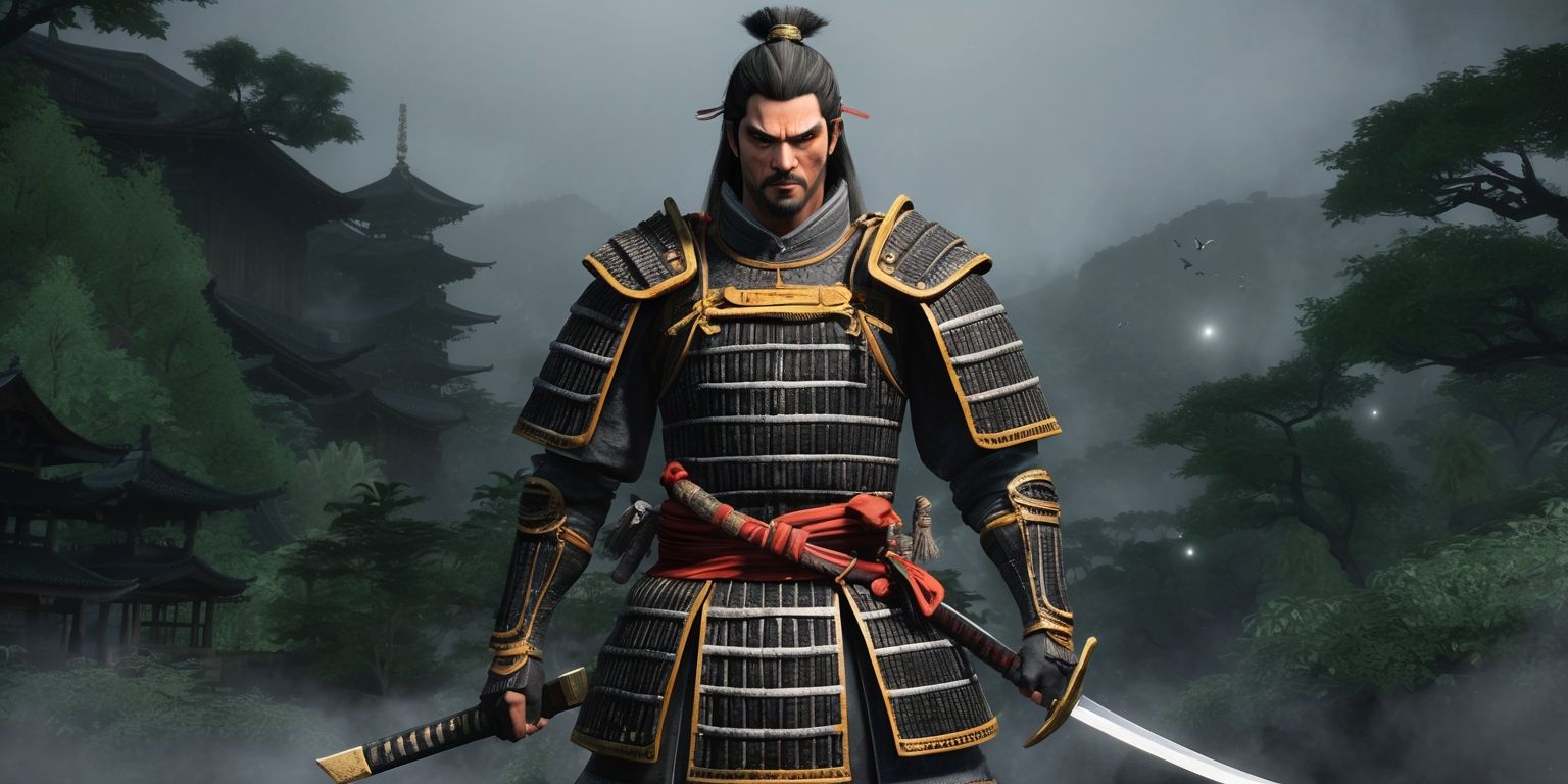 A dark fantasy action role-playing game scene from Nioh 3, set in feudal Japan with a samurai warrior standing in the center, wearing traditional Japanese armor with golden accents, surrounded by lush green forests and misty mountains, with a faint glow of yokai spirits in the background, the samurai's face is determined with a strong jawline and piercing brown eyes, his skin is tanned from years of battle, he holds a sword in his right hand with a distinctive curved blade and a long hilt, the atmosphere is ominous with a sense of impending danger, the color palette is muted with shades of gray, brown, and green, the overall style is a mix of Japanese ukiyo-e and dark fantasy elements.