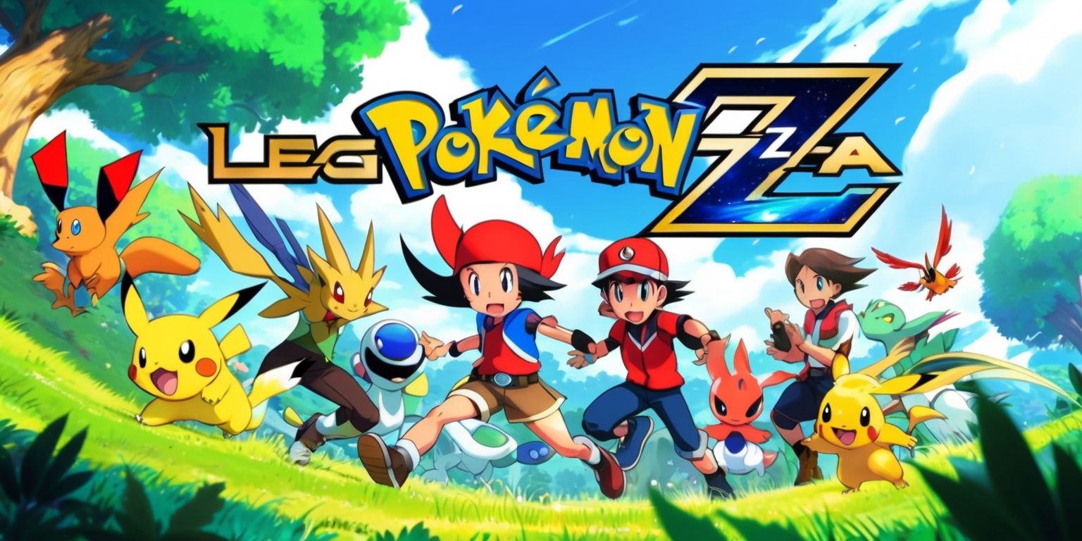 A vibrant and colorful illustration of the Pokémon Legends Z-A game, featuring a dynamic scene with Pokémon trainers and their partners, set against a lush, natural background with vibrant green trees and a clear blue sky, with the game's logo prominently displayed in a bold, golden font, with the letters Z and A stylized in a futuristic, metallic style, and the Pokémon characters designed in a mix of realistic and stylized details, with a sense of energy and movement, as if the scene is about to come to life, with the overall atmosphere being adventurous and exciting, capturing the essence of the game's thrilling exploration and battles.