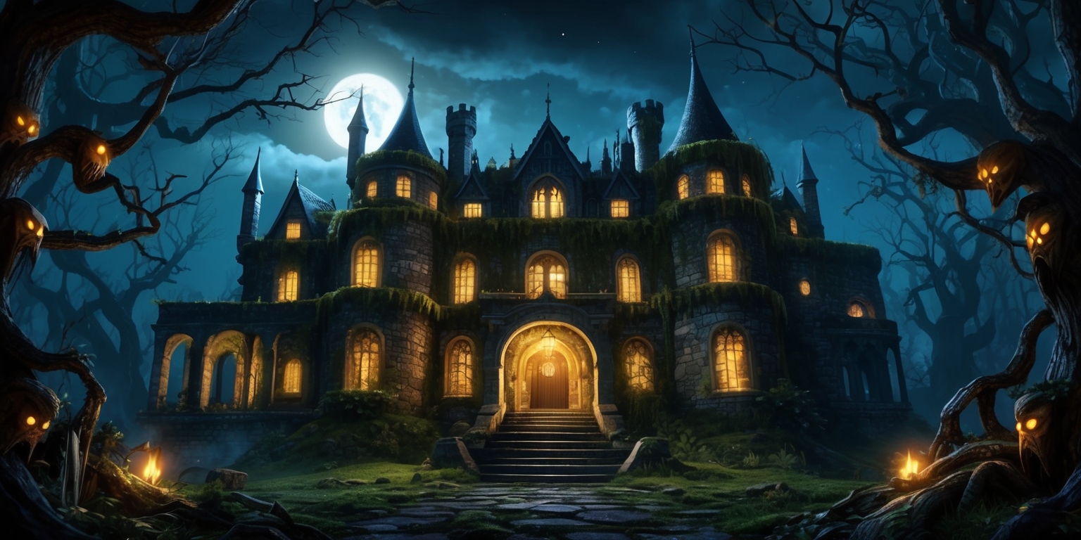 A grand, ominous Mystery Mansion with turrets and spires, illuminated by flickering torches and a full moon, set against a dark, misty night sky, with crumbling stone walls overgrown with vines and moss, as if abandoned for centuries, surrounded by a dense, eerie forest with twisted tree branches and glowing, malevolent eyes peeking from the shadows, with a sense of foreboding and adventure, evoking a feeling of being trapped in a never-ending, procedurally generated labyrinth, with a mix of gothic, mysterious, and ancient architectural styles, incorporating mysterious symbols, cryptic murals, and half-hidden pathways, inviting the player to explore its depths and uncover its secrets.
