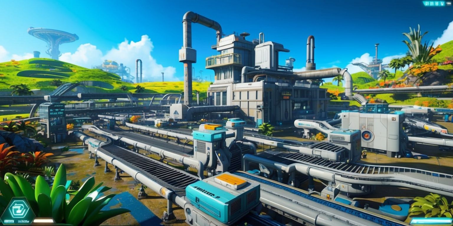 A futuristic industrial scene from the Satisfactory game, featuring a sprawling factory with conveyors, machines, and buildings, set amidst a vibrant alien landscape with lush greenery, exotic flora, and a bright blue sky, with a focus on industrial aesthetics, incorporating a color palette of metallic grays, blues, and greens, and a style reminiscent of sci-fi futurism, with a layout that emphasizes the scale and complexity of the factory, and framing that draws the viewer's attention to the central hub of the operation, with no specific characters or text in sight, but with a sense of dynamic movement and energy emanating from the machinery and production lines.