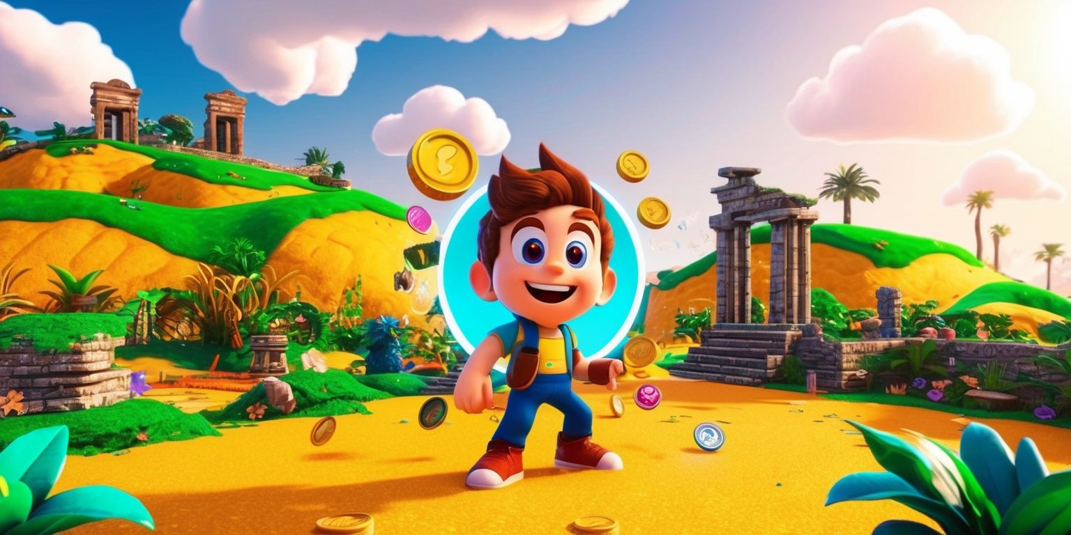A vibrant and colorful 3D platformer game scene with a revitalized classic twist, featuring a detailed and lush environment with rolling hills, ancient ruins, and exotic vegetation, set against a warm and sunny sky with fluffy white clouds, a sense of nostalgia and retro charm is palpable, with a modern and sleek visual style, the game's protagonist, a young and adventurous character with bright and curious eyes, and a big smile, is prominently displayed in the center of the scene, surrounded by various power-ups, coins, and other collectibles, with a subtle gradient effect and a mix of realistic and stylized textures, the overall mood is playful, exciting, and full of energy, with a sense of wonder and discovery.
