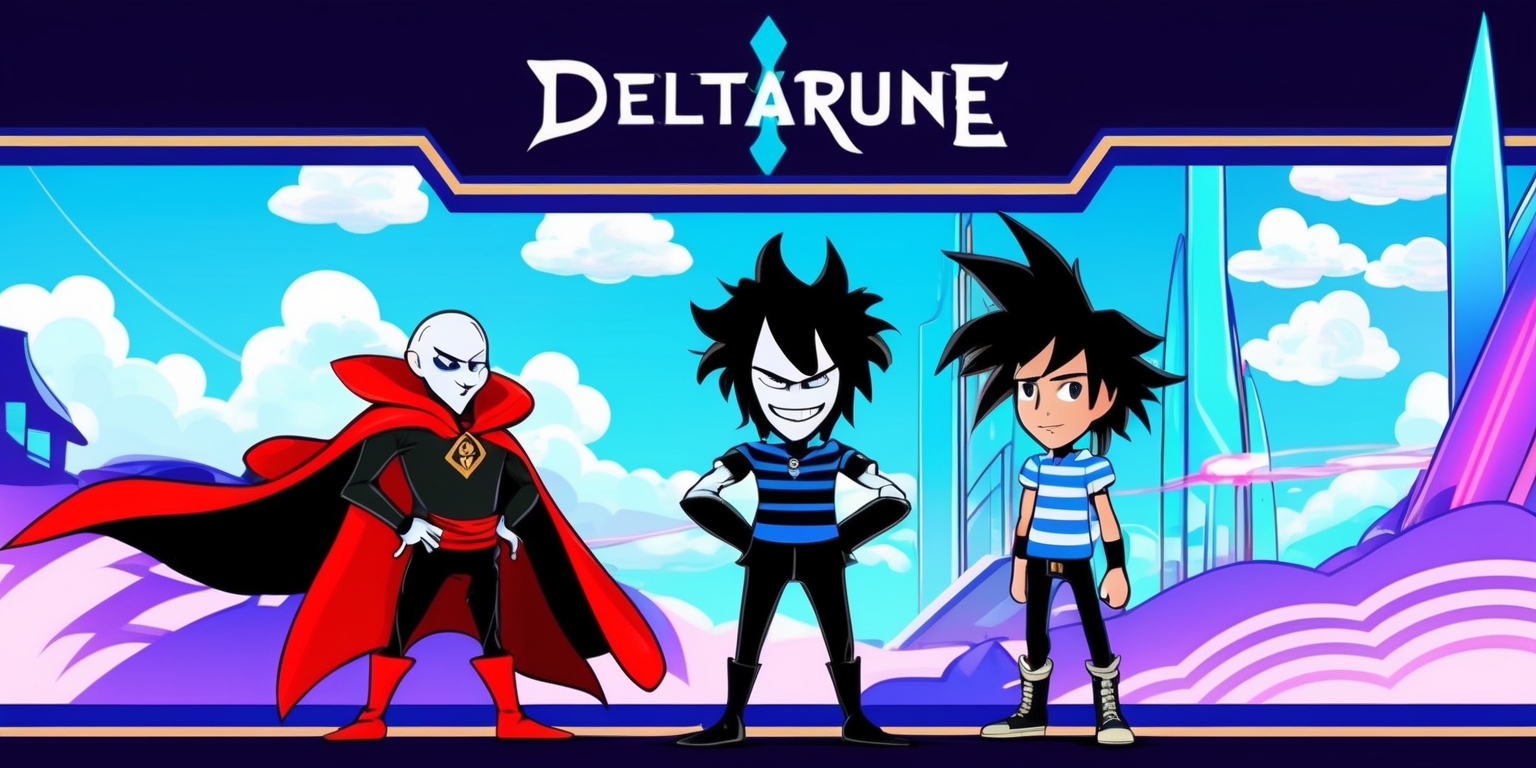 A vibrant, whimsical illustration of the Deltarune game world, featuring a bright blue sky with fluffy white clouds, set against a stylized, bold-lined background with subtle pixel art textures, evoking a nostalgic video game aesthetic. In the foreground, Ralsei, the prince of darkness, stands confidently with his hands in his pockets, showcasing his striking red and black attire, complete with a flowing cape and a mischievous grin on his pale, angular face. Beside him, Kris, the protagonist, looks on with a determined expression, sporting their signature blue and white striped shirt and messy, spiky black hair. The characters are posed against a stylized, gradient-colored cityscape with sleek, futuristic skyscrapers and neon lights, giving off a sense of adventure and excitement. The overall art style blends classic video game charm with a modern, stylized twist, with bold lines, vivid colors, and playful textures.