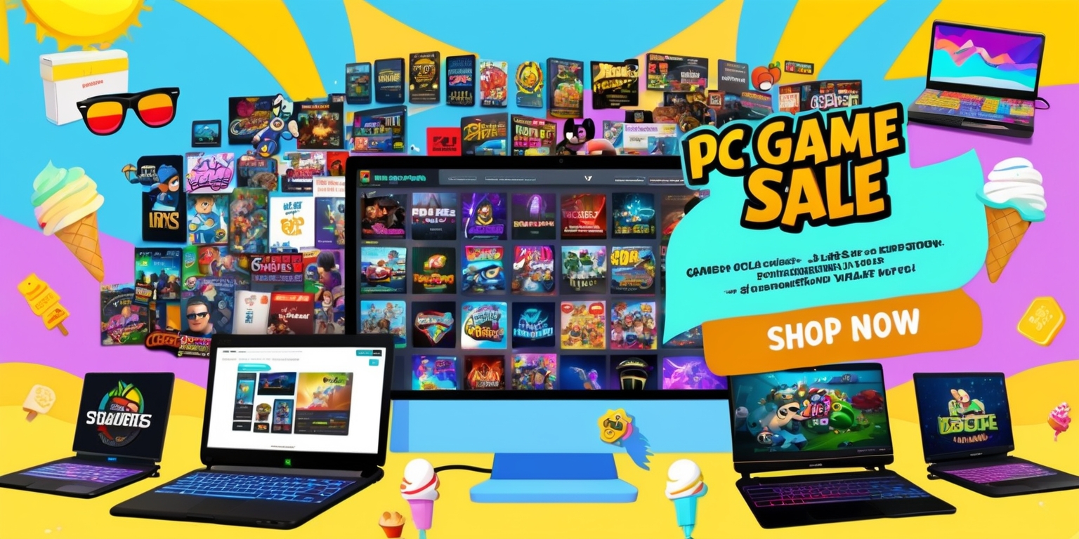 A vibrant digital illustration of a PC game sale event, set against a bright summer background with bold, eye-catching fonts and colorful graphics, featuring a diverse assortment of PC games with major discounts and exclusive member rewards, a streamlined key redemption process, and preorders for upcoming releases, with gamers of different ages, skin colors, and facial features excitedly browsing through the games on their computers, laptops, and gaming consoles, surrounded by summer-themed elements such as sunglasses, ice cream, and sunbeams, with a prominent banner reading PC Game Sale in a stylized, modern font, and a call-to-action button to shop now in a contrasting color to grab the attention of gamers, all blending together to create an engaging and value-rich experience for gamers during the summer season.