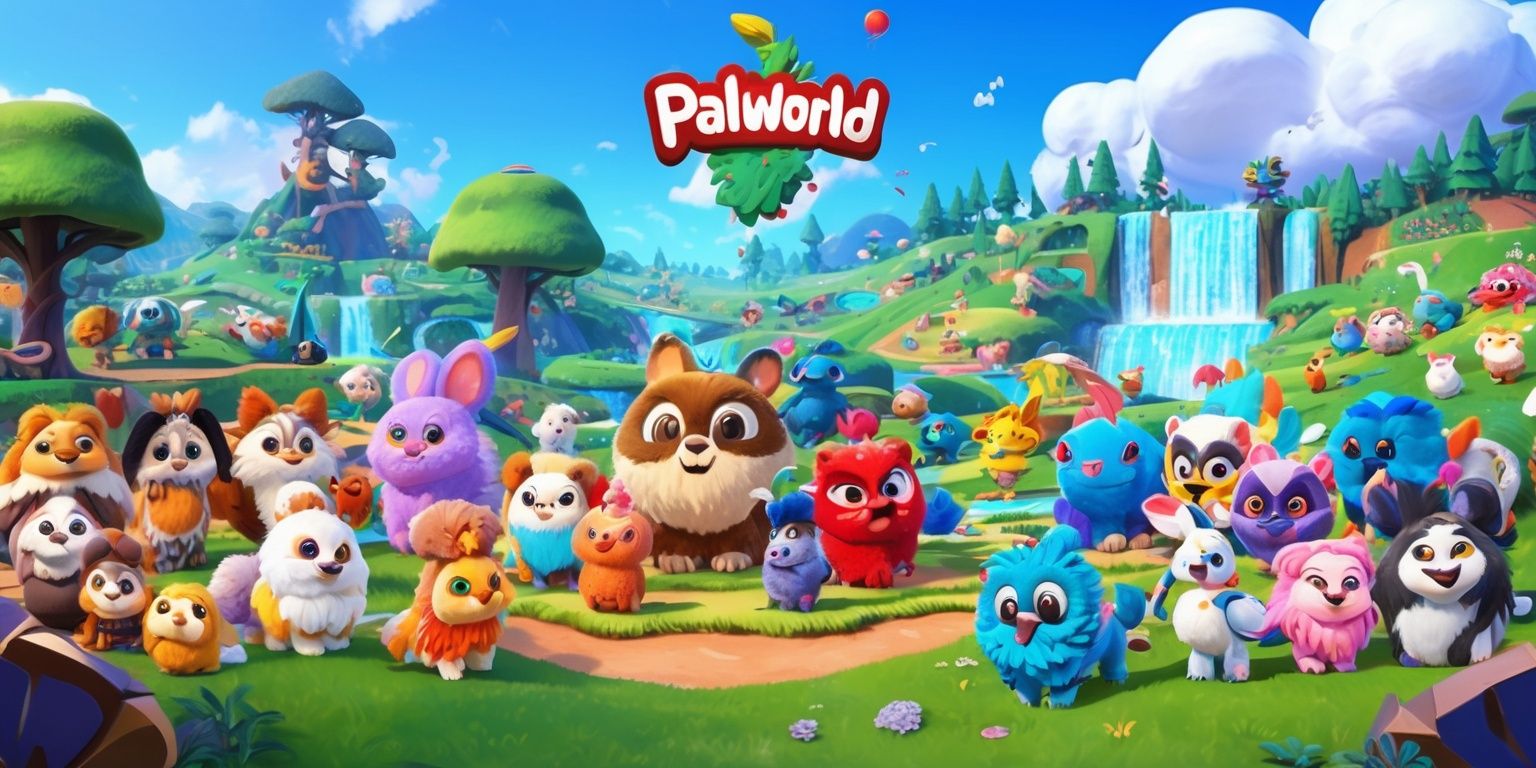 A vibrant and colorful digital artwork depicting the world of Palworld, featuring a diverse range of adorable and unique Pals, each with distinct facial features and vibrant fur colors, set against a lush and expansive landscape with rolling hills, towering trees, and sparkling waterfalls, with a bright blue sky and fluffy white clouds, in a whimsical and fantastical style reminiscent of modern video games, with bold lines, intricate details, and a mix of realistic and stylized elements, showcasing the game's unique blend of exploration, adventure, and creature collecting, with the Pals roaming freely and interacting with each other and their surroundings in a joyful and playful manner.
