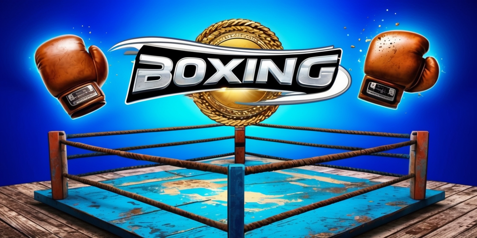 A vibrant and dynamic digital illustration of a fictional mobile game app centered around boxing, set against a bold, electric blue background that evokes energy and competition, with a worn, vintage-inspired boxing ring at its core, adorned with rusty ropes and distressed wooden planks, surrounded by a subtle, gradient glow that suggests a modern, high-tech aesthetic, featuring a prominent, golden championship belt hovering above the ring, with intricate, metallic details and a shimmering effect, accompanied by a pair of worn, brown leather boxing gloves suspended in mid-air, with a few sweat drops glistening on their surfaces, and a sprinkling of iconic, retro-style video game pixels scattered throughout the composition, with bold, neon-lit typography announcing the game's title in a stylized, curved line above the belt, using a metallic silver font with a subtle, 3D effect and a hint of shadow, conveying a sense of nostalgia, excitement, and high-stakes competition.