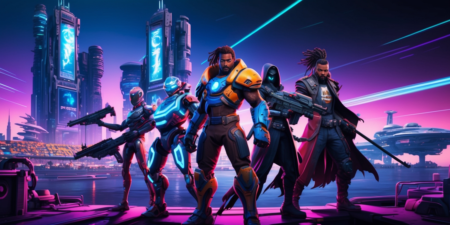 A vibrant, high-contrast illustration of a futuristic sci-fi RPG game scene set in a neon-lit, cyberpunk cityscape, with towering skyscrapers, holographic advertisements, and advanced spacecraft docking at a bustling spaceport in the background, while in the foreground, a group of diverse, intricately-detailed characters stand victorious, armed with futuristic weapons and advanced technology, featuring a heroic humanoid robot with glowing blue circuits, a mysterious, shadowy figure cloaked in darkness, and a charismatic, dreadlocked human leader with a determined expression, all set against a dark, gradient blue-purple sky with streaks of light speed trails and distant, glowing celestial bodies.