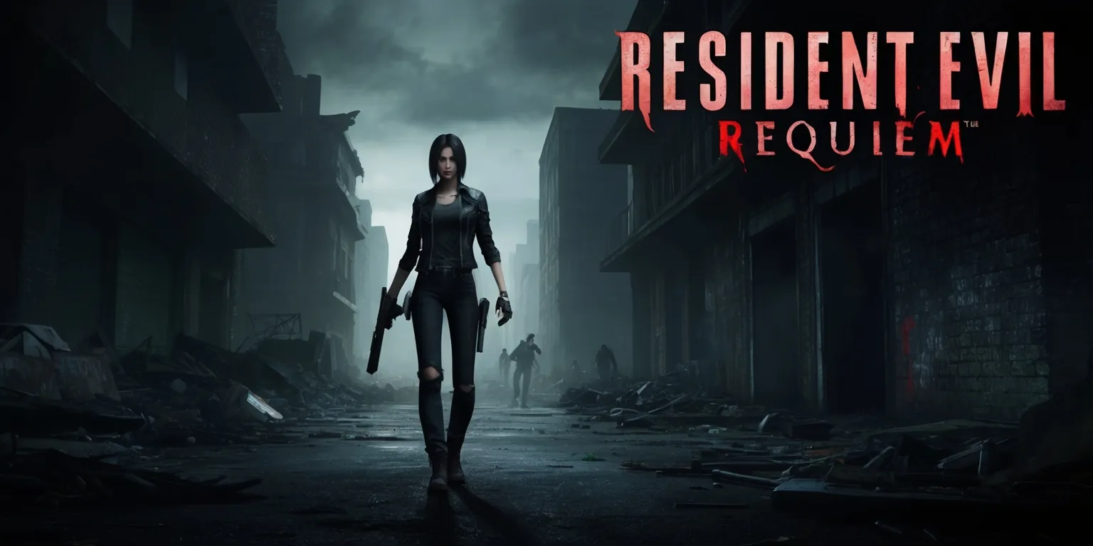 A dark and ominous scene from the Resident Evil Requiem game, featuring a sinister atmosphere with muted colors, predominantly shades of grey, brown, and black, with flashes of red to signify horror and fear, set in a dimly lit abandoned cityscape with crumbling buildings and debris-filled streets, a lone figure of Alice, the protagonist, stands tall with a determined expression, her facial features strong and fierce, with a pale skin tone and raven-black hair, wearing a black leather jacket and ripped jeans, holding a shotgun in her hand, with a hint of a monstrous creature lurking in the shadows, and the game's logo emblazoned in bold, blood-red letters at the top of the image, with a gritty, realistic style and a cinematic layout that draws the viewer into the terrifying world of survival horror.