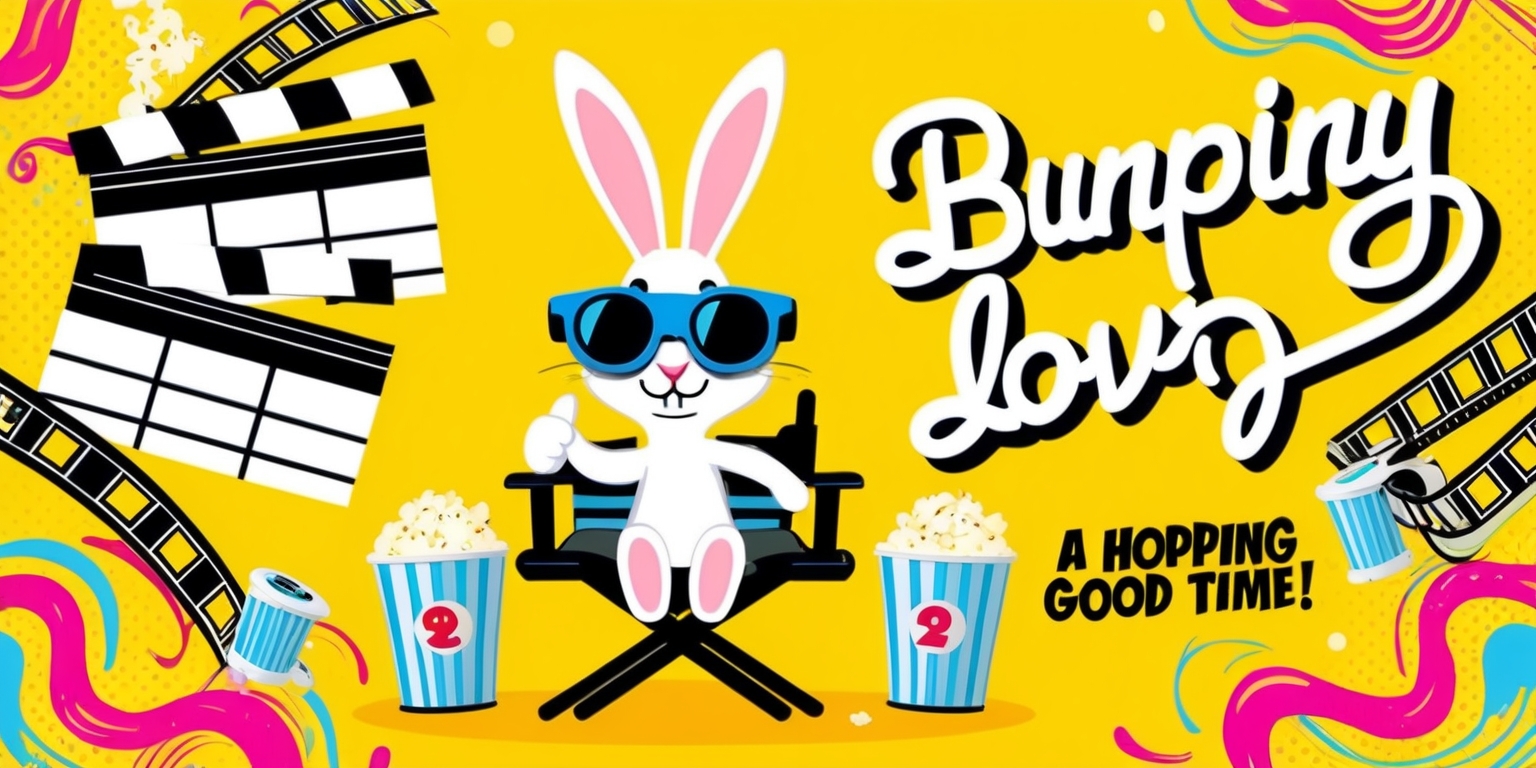 A whimsical movie poster featuring a cartoon bunny as the main character, wearing a pair of 3D glasses and sitting in a director's chair, surrounded by clapperboards, film reels, and popcorn buckets, set against a bright, sunny yellow background with bold, white font reading Bunnylovr in a playful, cursive script, with the tagline A Hopping Good Time! written in smaller text above the title, in a fun, Comic Sans-like font, with colorful, swirling patterns and shapes adding a sense of energy and excitement to the overall design.